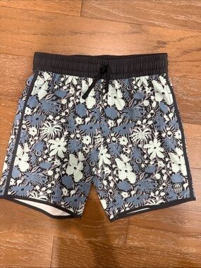 Travis Mathew Black Waistband Blue and White Tropical Floral Swim Trunks